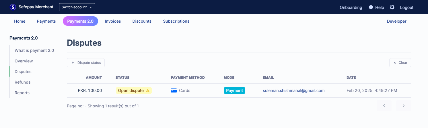 Safepay Dashboard Disputes