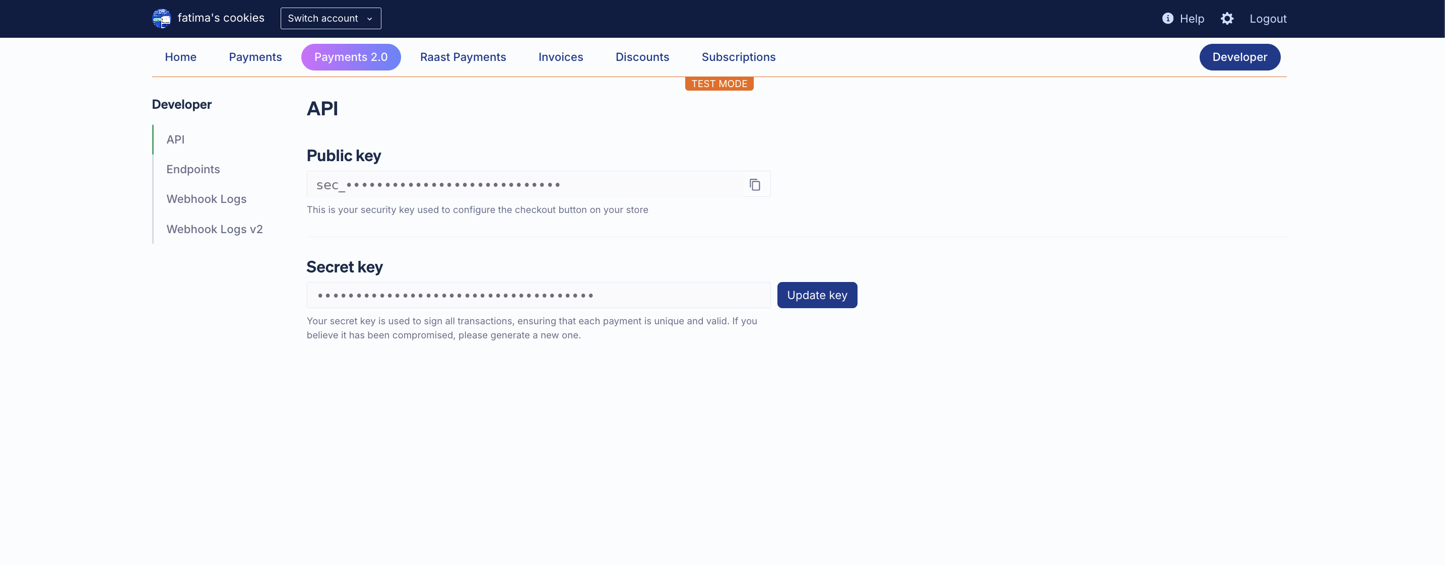 The API page in the Safepay dashboard, showing the Public key and Secret key fields