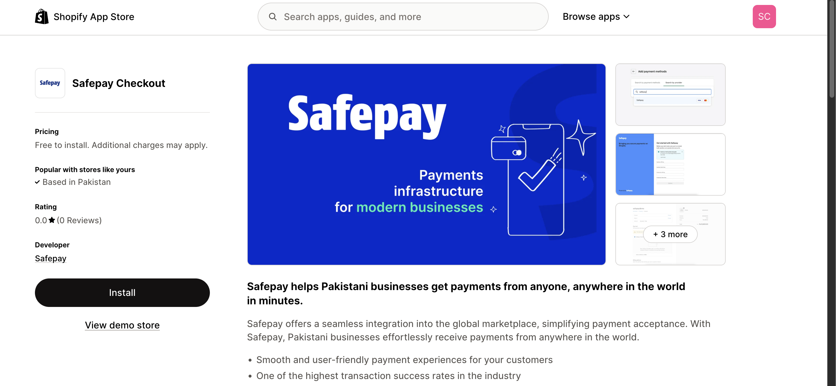 Safepay Checkout on the Shopify App Store, with the Install button
