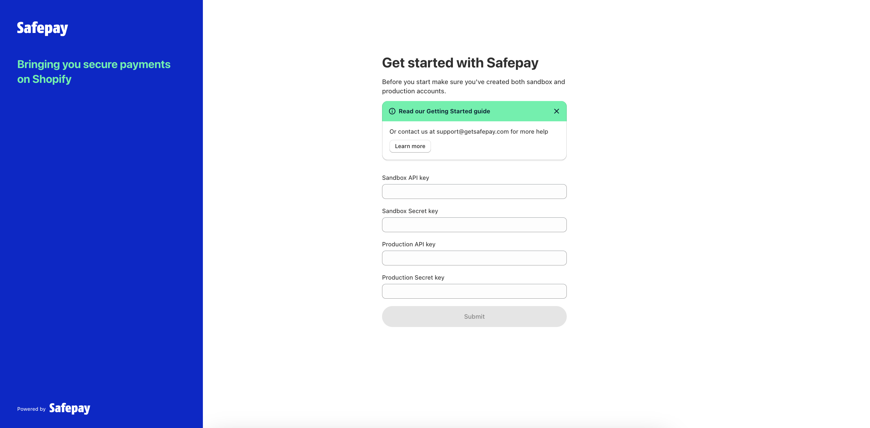 The Get started with Safepay page in Shopify, with fields for Sandbox API key, Sandbox Secret key, Production API key and Production Secret key