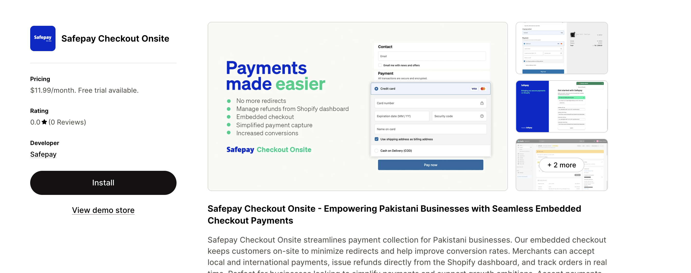 Safepay Checkout Onsite on the Shopify App Store, with the Install button