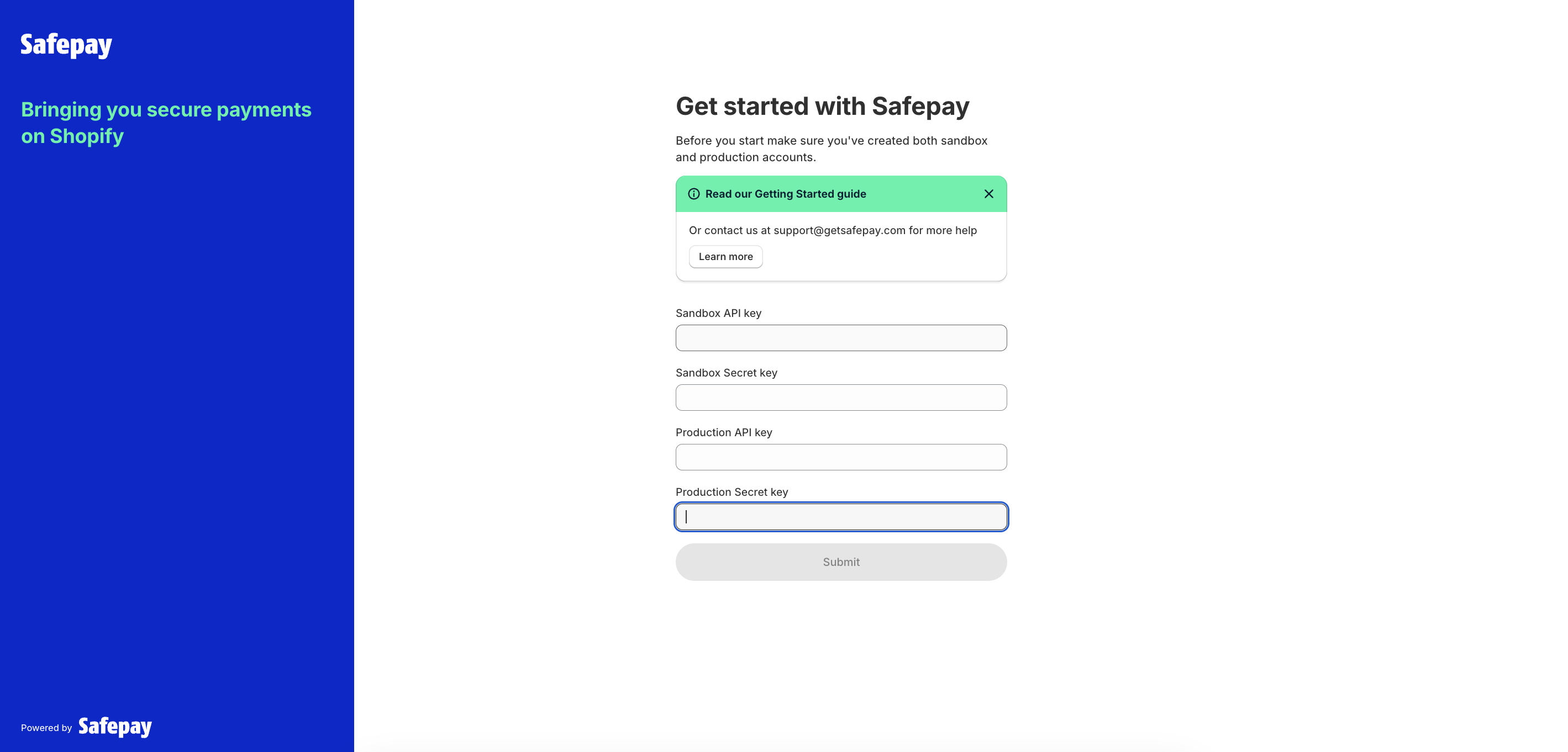 The Get started with Safepay page in Shopify, with fields for Sandbox API key, Sandbox Secret key, Production API key and Production Secret key