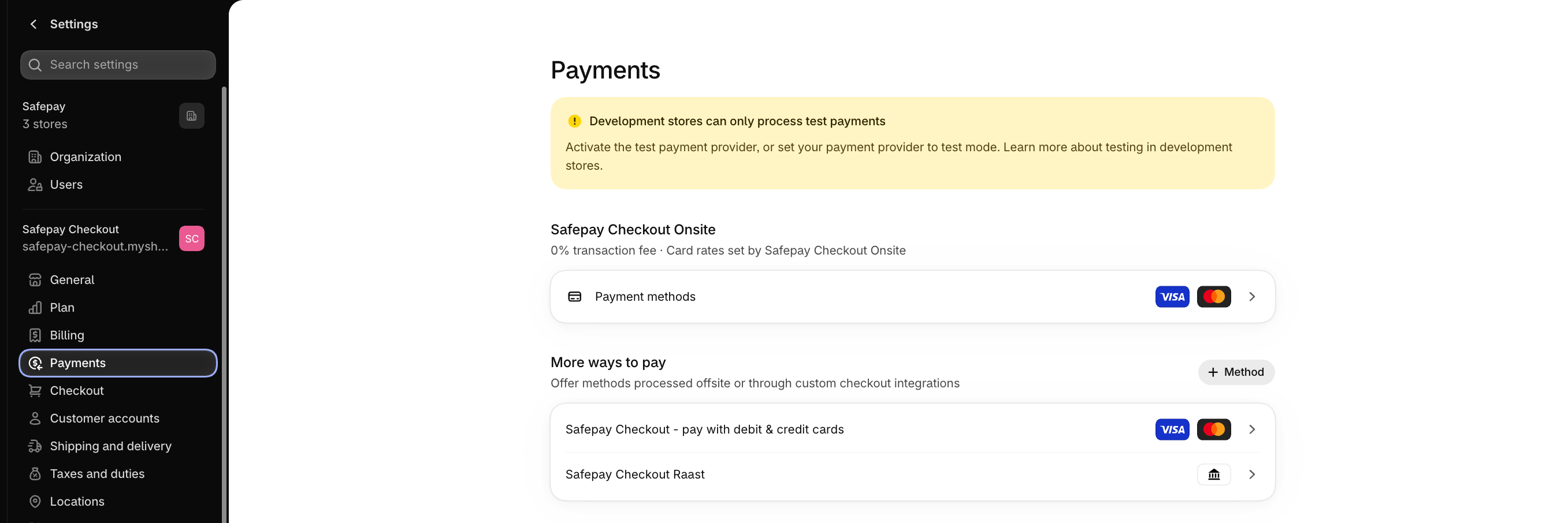 Shopify Settings, Payments page listing Safepay Checkout Onsite, Safepay Checkout and Safepay Checkout Raast