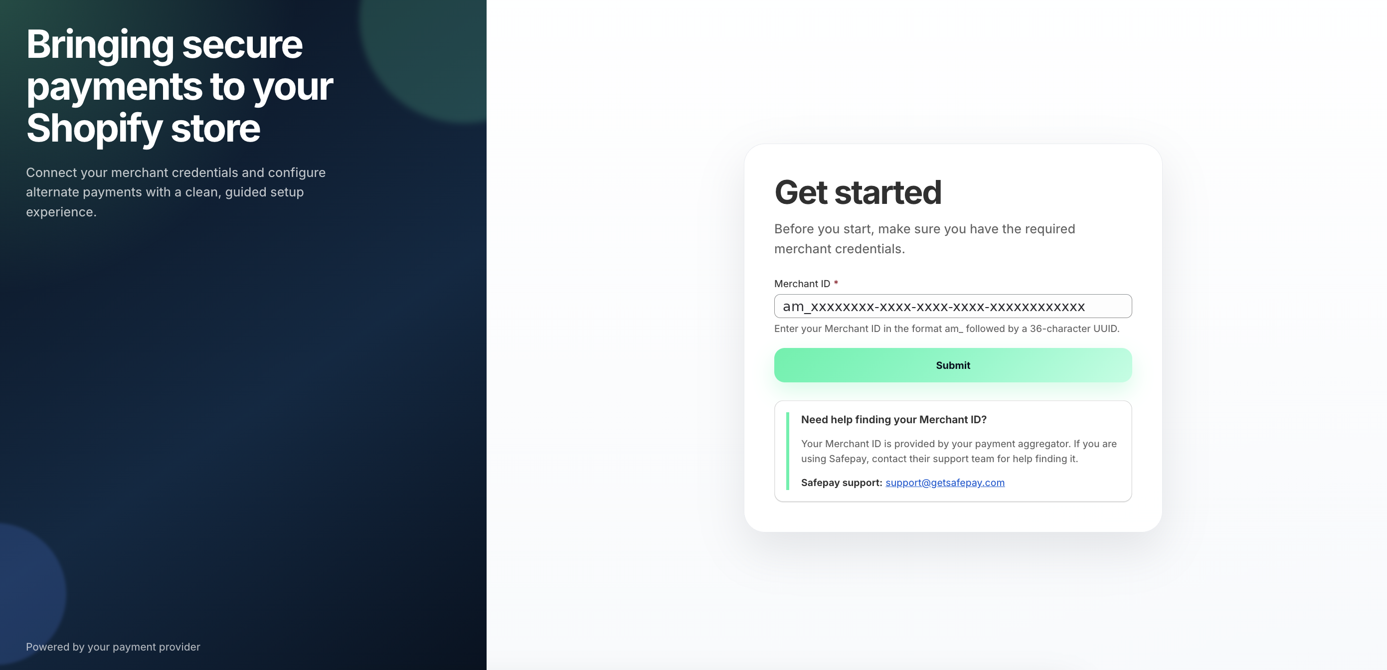The Safepay Checkout Raast Get started page in Shopify, with a Merchant ID field and a Submit button